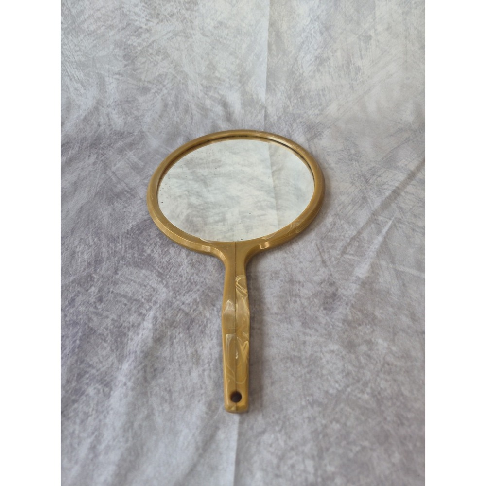 Vintage Large Hand Held Vanity Mirror with Floral Design 1950s Gold Tan - Picture 10 of 13